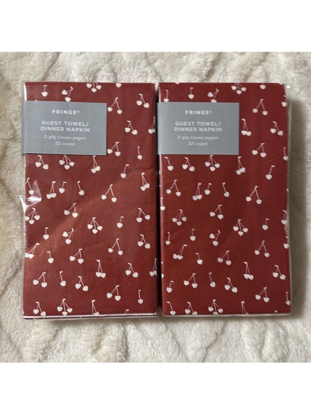 Fringe Bundle of 2 pack x 32 each Burgundy White Cherry Guest Paper Towel Napkin